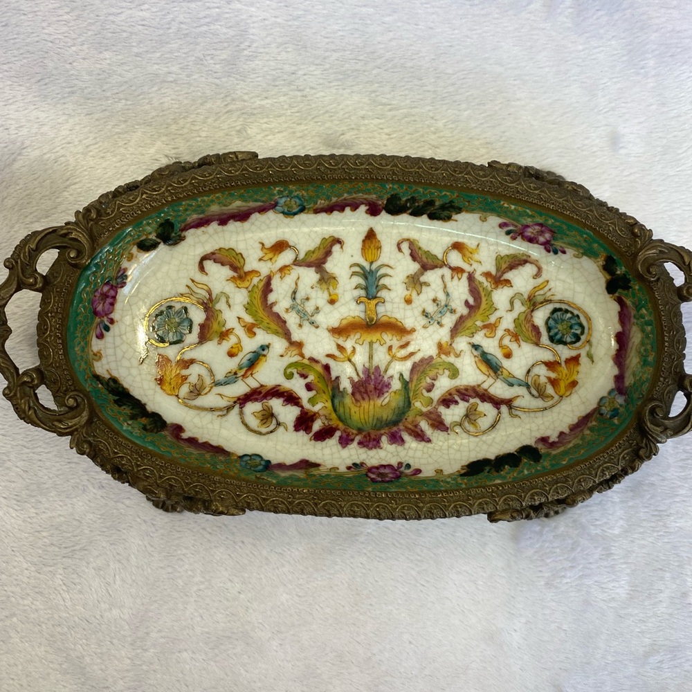 Antique Hua Rong Tang Zhi Porcelain & Ornate Bronze Footed Floral Tray 8” - Picture 7 of 9